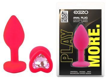 Силиконовая анальная пробка EGZO - Silicone Pink Heart Plug Pink, size S, Розовый