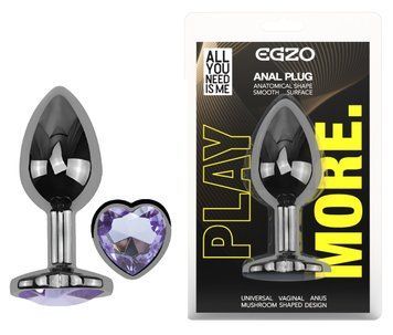 Анальная пробка с кристаллом EGZO - Dark Silver Heart Plug Amethyst size S, Серебристый