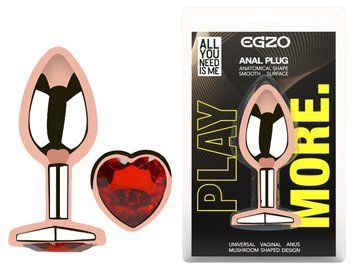Анальная пробка с кристаллом EGZO - Rose Gold Heart Plug Red size M, Розовое золото