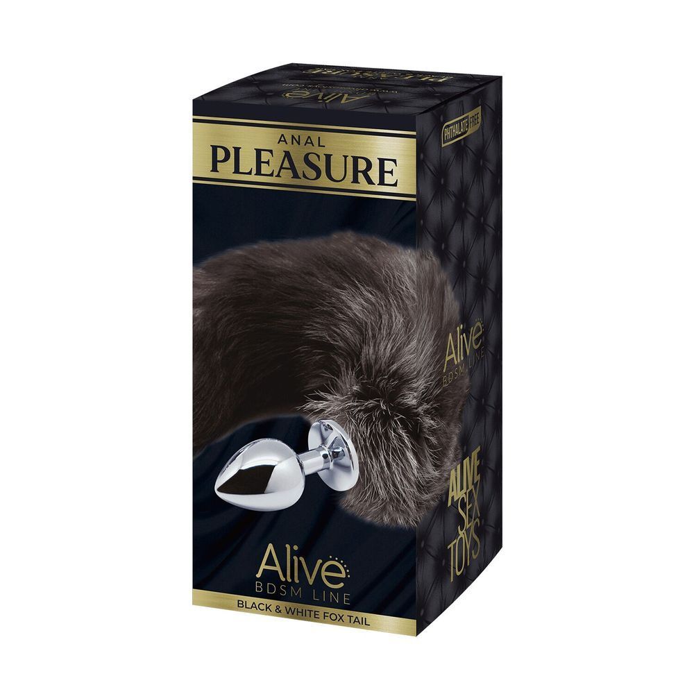 Металевий анальний затор Лісий хвіст Alive Black And White Fox Tail M, діаметр 3,4 см, Срібний
