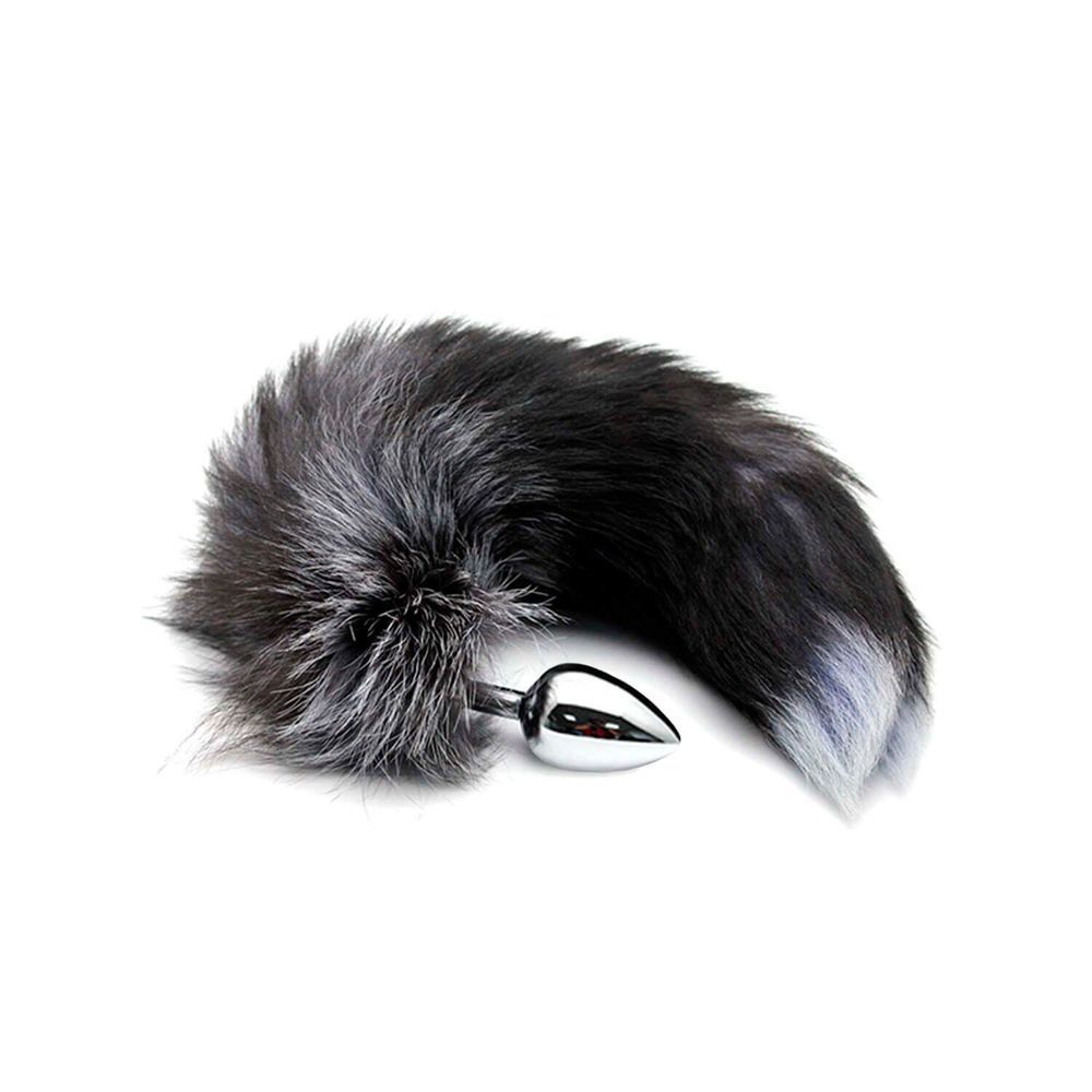 Металевий анальний затор Лісий хвіст Alive Black And White Fox Tail M, діаметр 3,4 см, Срібний