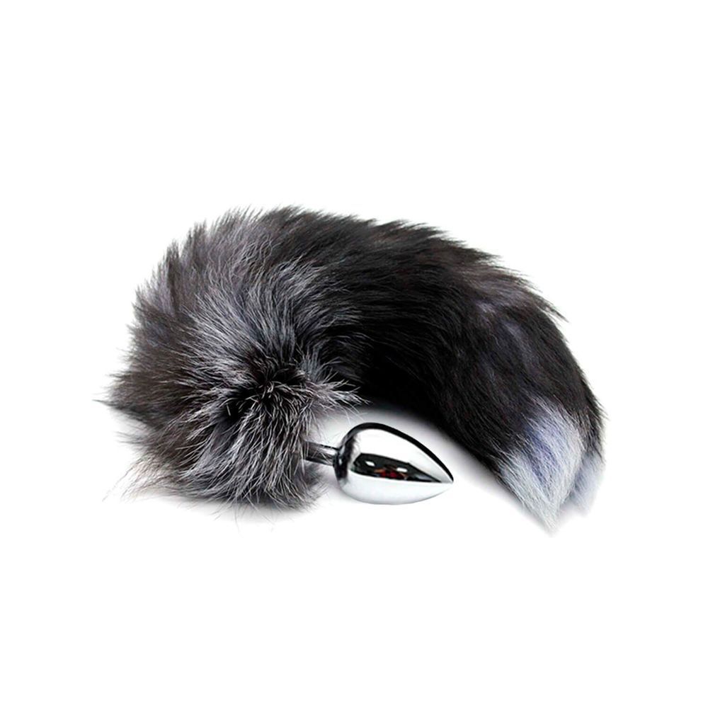 Металлическая анальная пробка Лисий хвост Alive Black And White Fox Tail L, диаметр 3,9 см, Серебряный