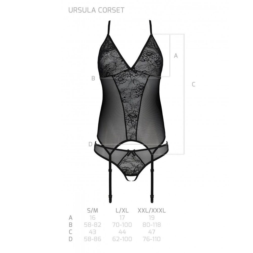 Корсет з пажами, трусики з ажурним декором та відкритим кроком Ursula Corset black L/XL — Passion