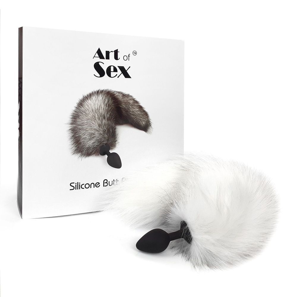 Силіконова анальна пробка з хвостом із натурального хутра Art of Sex size M White fox, Черный