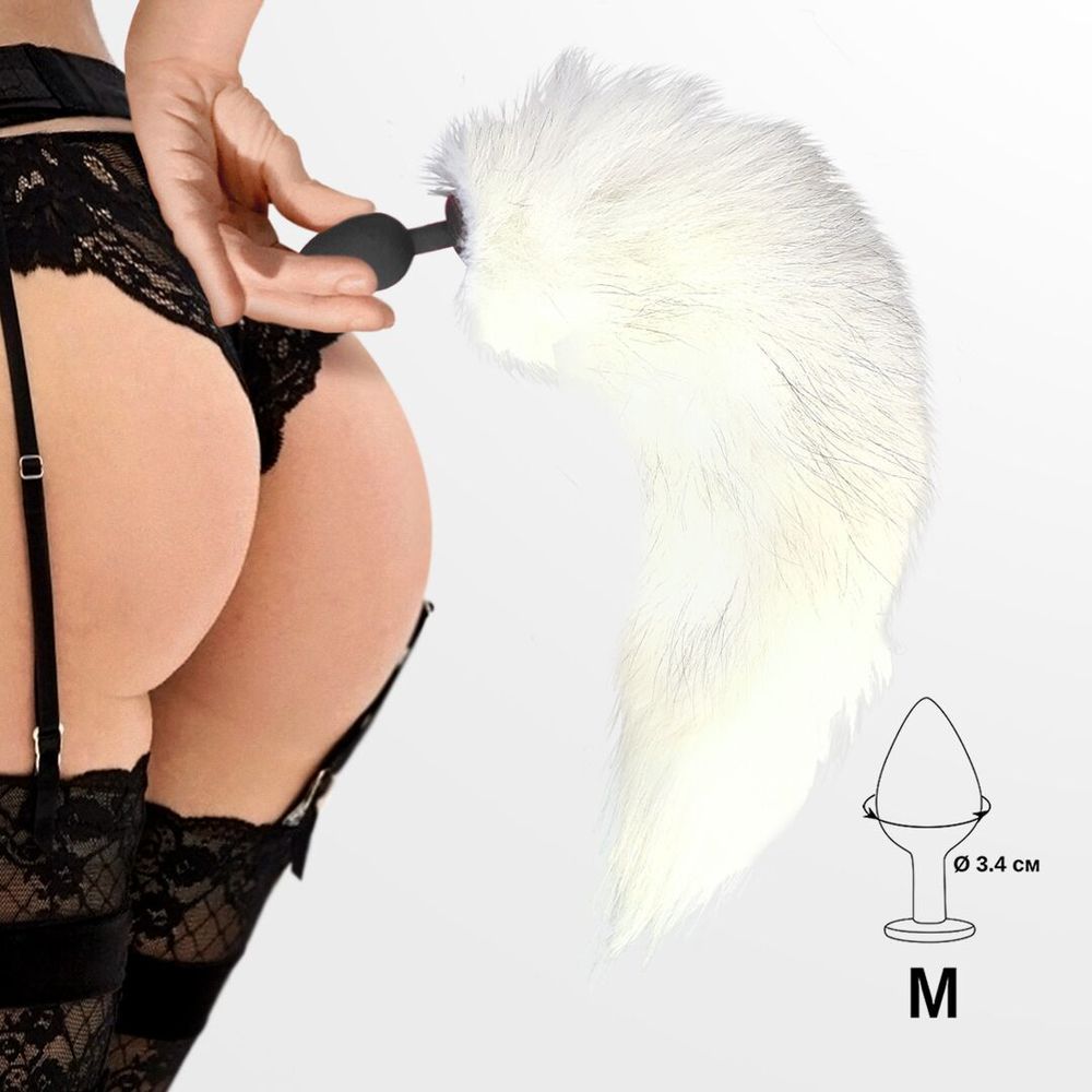 Силіконова анальна пробка з хвостом із натурального хутра Art of Sex size M White fox, Черный