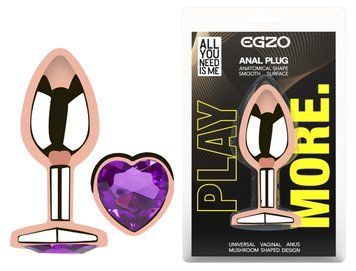 Анальная пробка с кристаллом EGZO - Rose Gold Heart Plug Purple size M, Розовое золото