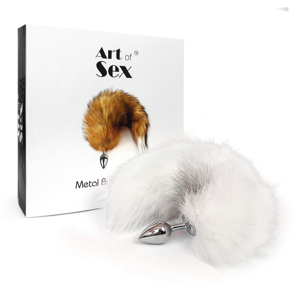 Металева анальна пробка з хвостом із натурального хутра Art of Sex size M White fox, Срібний