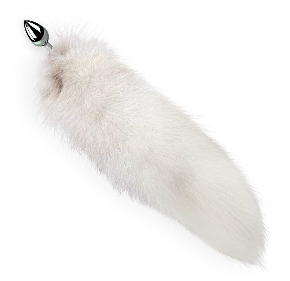Металева анальна пробка з хвостом із натурального хутра Art of Sex size M White fox, Срібний