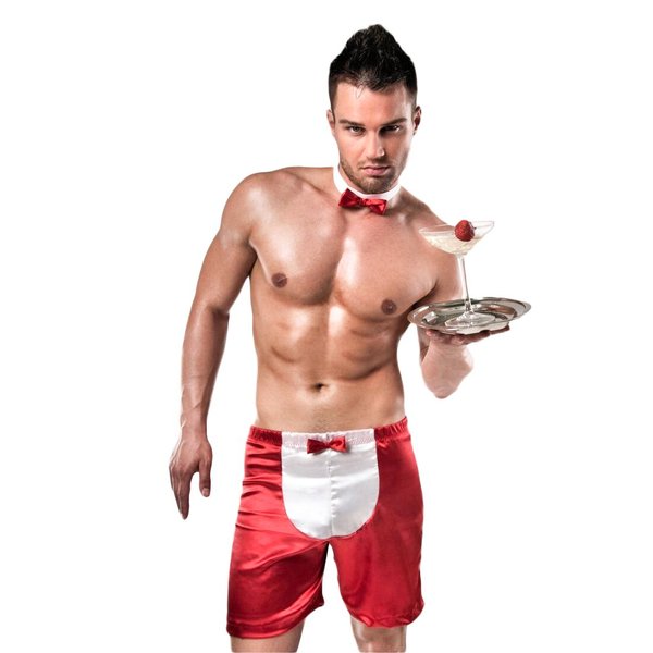 Чоловічий еротичний костюм офіціанта Passion 019 SHORT red L/XL, шорти та метелик