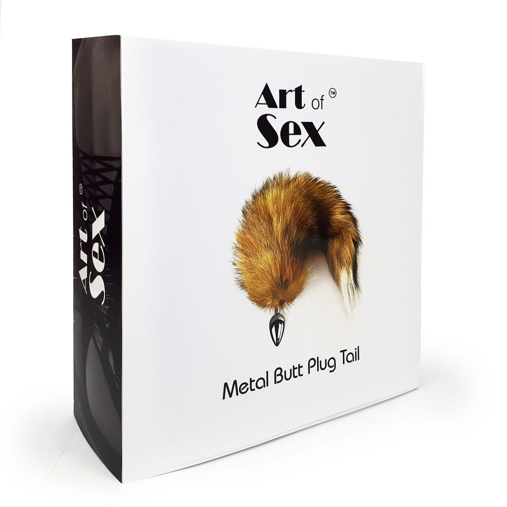 Металева анальна пробка з хвостом із натурального хутра Art of Sex size M Red fox, Срібний