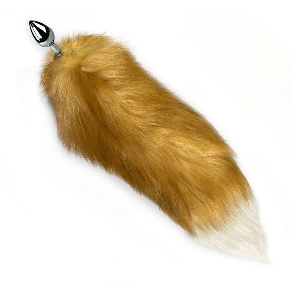 Металева анальна пробка з хвостом із натурального хутра Art of Sex size M Red fox, Срібний