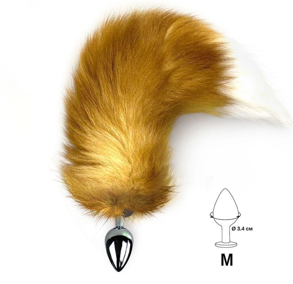 Металева анальна пробка з хвостом із натурального хутра Art of Sex size M Red fox, Срібний