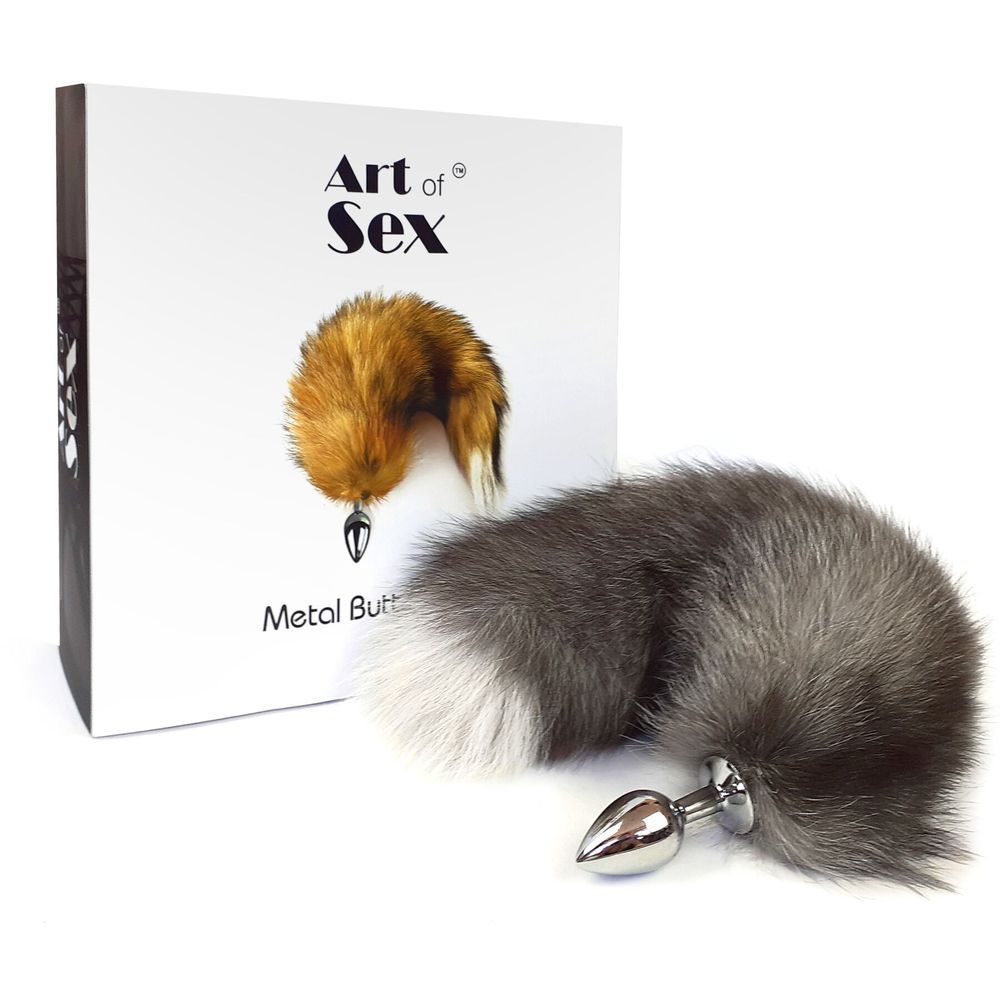 Металева анальна пробка з хвостом із натурального хутра Art of Sex size M Artctic fox, Срібний
