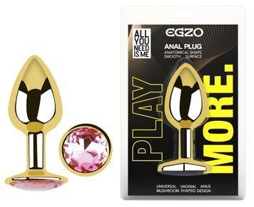 Анальная пробка с кристаллом EGZO - Gold Round Plug Pink size S, Золотой