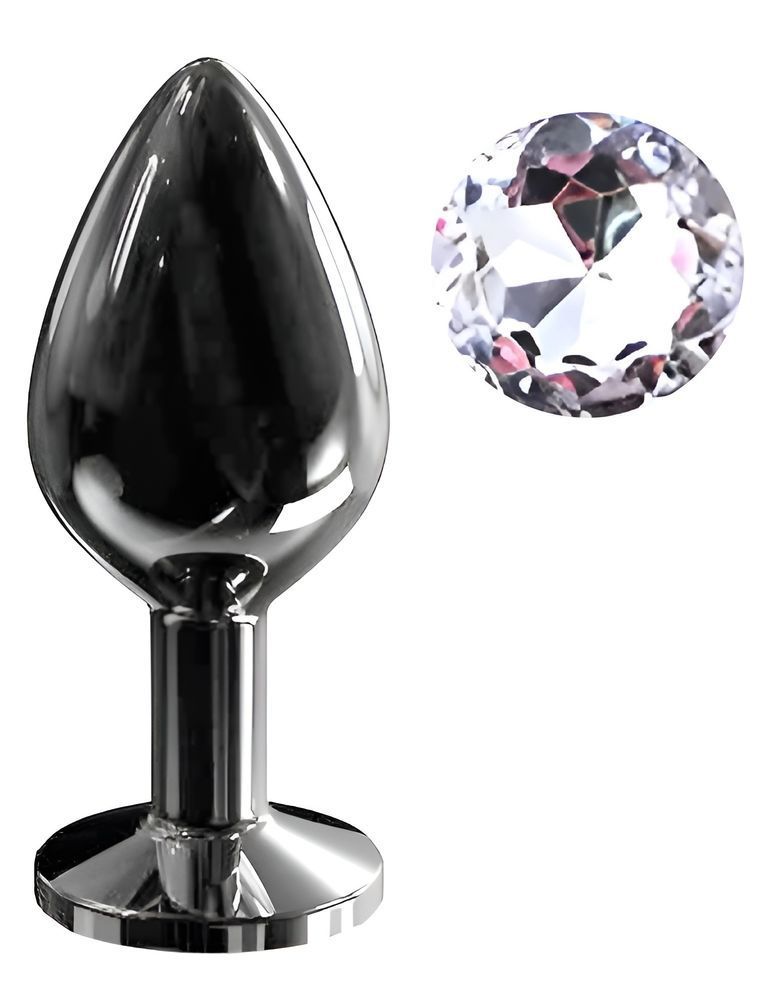 Анальна пробка з кристалом EGZO - Dark Gray Round Plug Clear, size M, Темное серебро