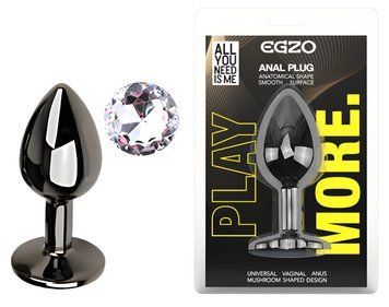 Анальная пробка с кристаллом EGZO - Dark Gray Round Plug Clear, size S, Темное серебро