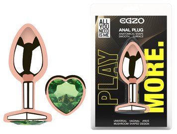 Анальная пробка с кристаллом EGZO - Rose Gold Heart Plug Green size M, Розовое золото