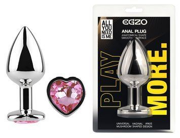 Анальная пробка с кристаллом EGZO - Silver Heart Plug Pink size M, Серебристый