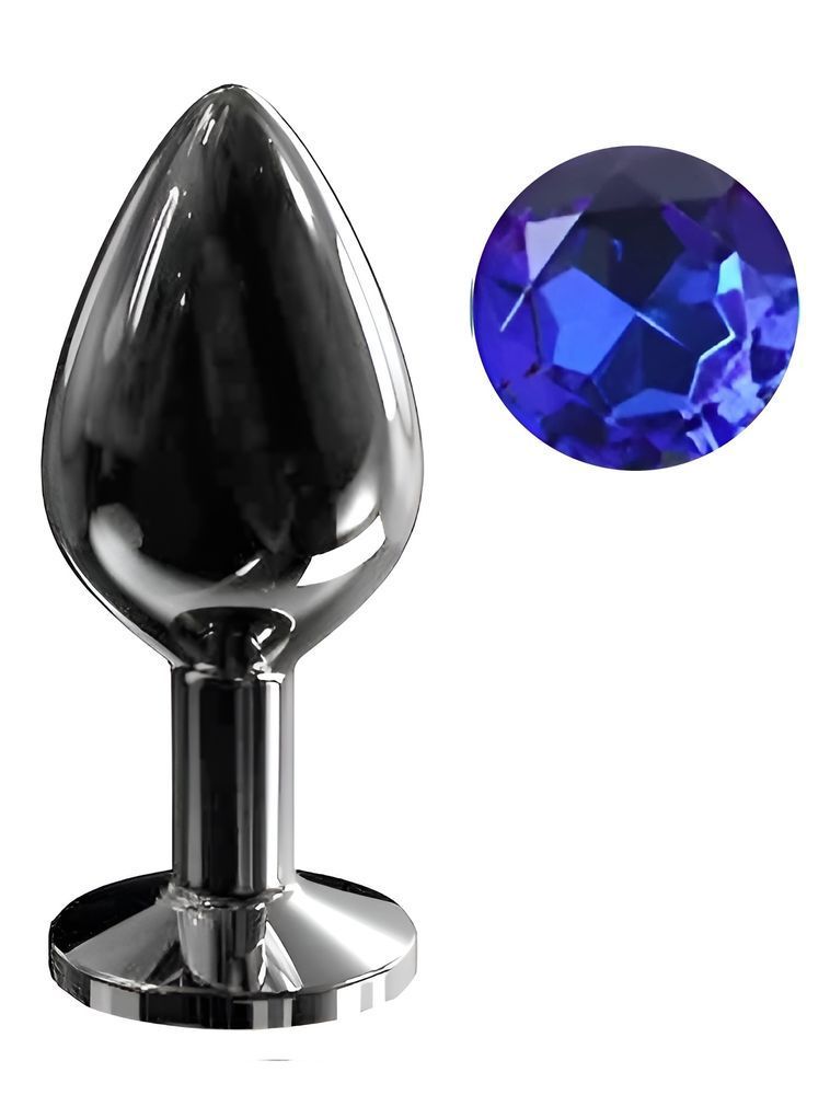 Анальная пробка с кристаллом EGZO - Dark Gray Round Plug Blue, size M, Темное серебро