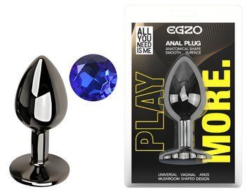 Анальная пробка с кристаллом EGZO - Dark Gray Round Plug Blue, size S, Темное серебро