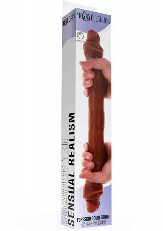 Фаллос двухсторонний ToyJoy Get Real Skin с крайней плотью, мулат, Коричневый
