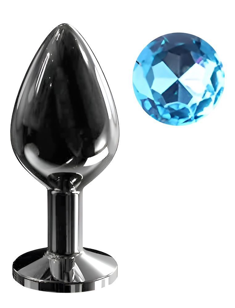 Анальная пробка с кристаллом EGZO - Dark Gray Round Plug Aqua, size M, Темное серебро