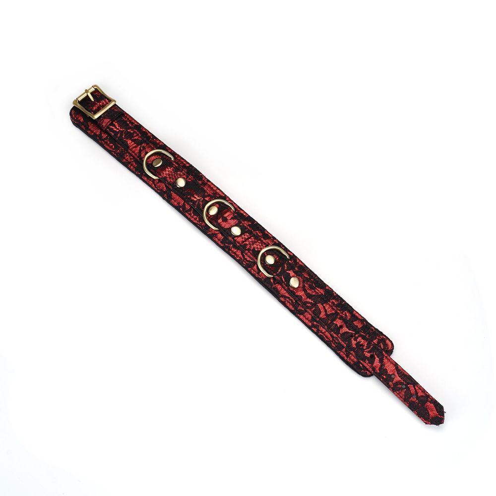 Нашийник з повідцем Liebe Seele Victorian Garden Lace and Vegan Leather Collar With Chain Leash, червоно-чорний