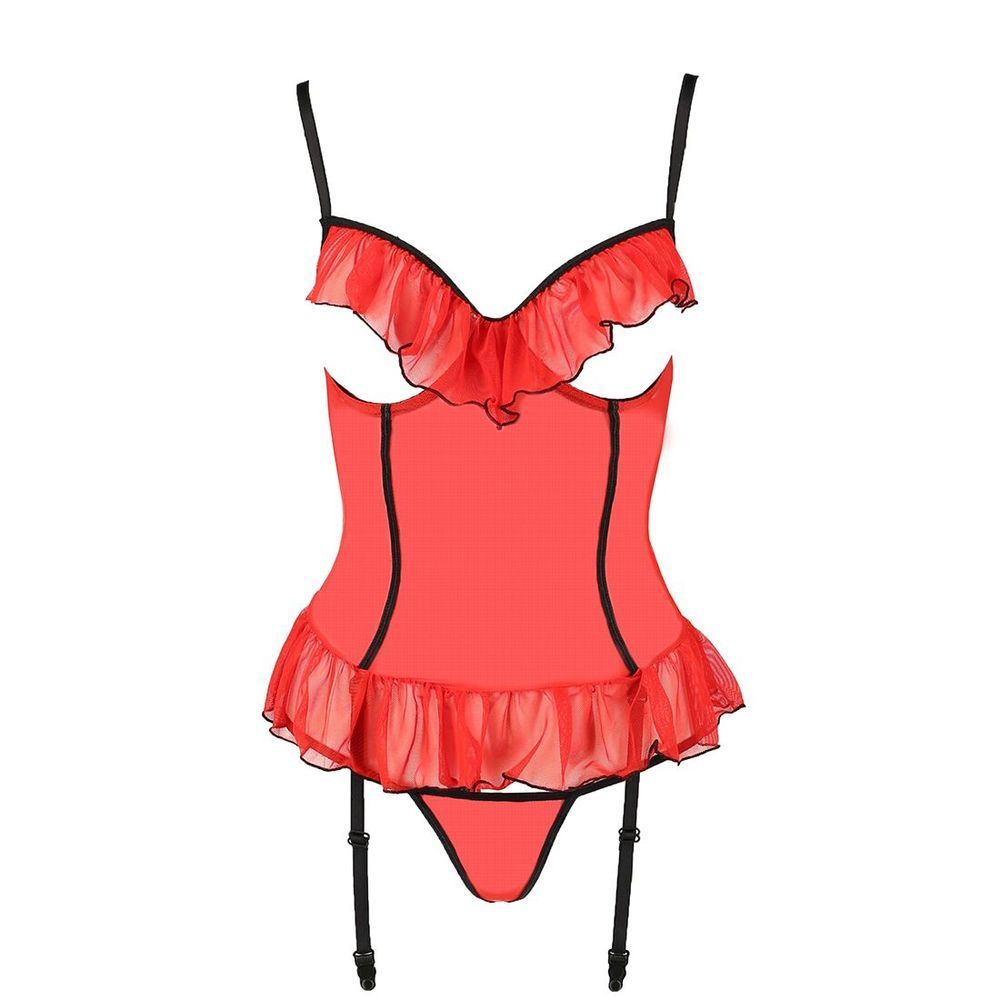 Корсет с открытой грудью CHERRY CORSET red L/XL - Passion Exclusive, трусики, пажи, стрэпы, оборочки