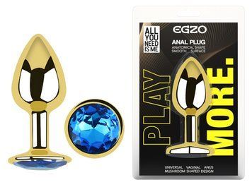 Анальная пробка с кристаллом EGZO - Gold Round Plug Blue size M, Золотой