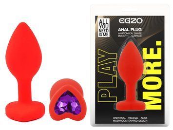 Силиконовая анальная пробка EGZO - Silicone Red Heart Plug Purple, size S, Красный