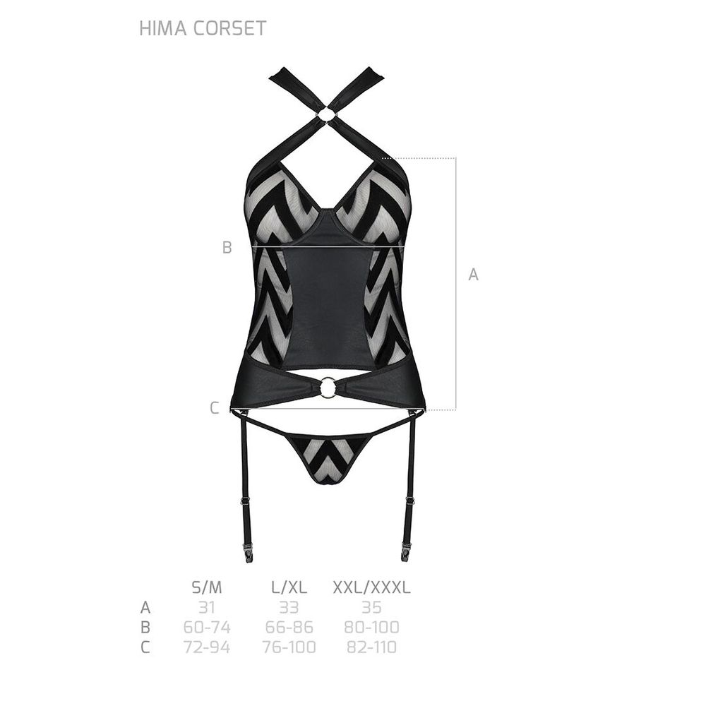 Сітчастий комплект з узором Hima Corset black L/XL - Passion, корсет з халтером, підв'язки, трусики