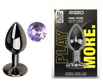 Анальная пробка с кристаллом EGZO - Dark Gray Round Plug Amethyst, size S, Темное серебро
