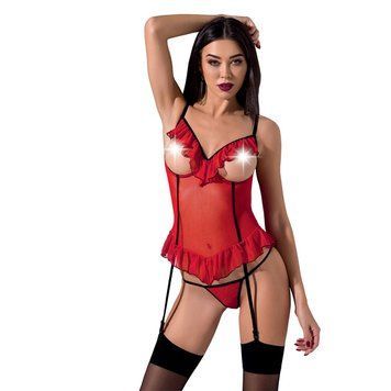 Корсет с открытой грудью CHERRY CORSET red S/M - Passion Exclusive, трусики, пажи, стрэпы, оборочки