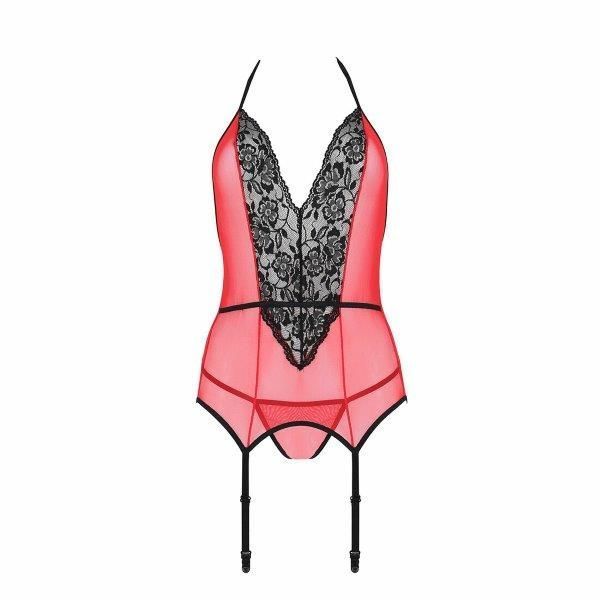 Корсет с пажами для чулок Passion PEONIA CORSET XXL/XXXL red, стринги