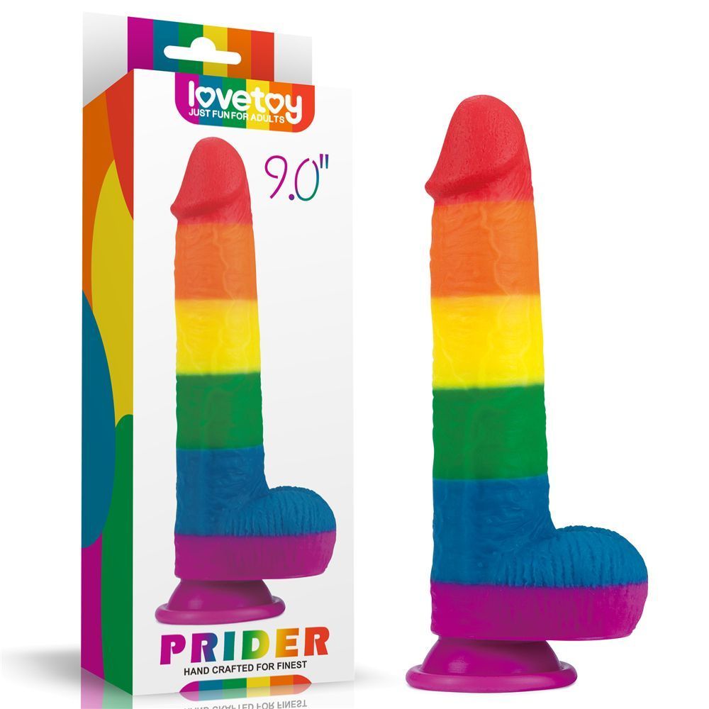 Фалоімітатор Prider Dildo 9" &mdash; райдужний, з мошонкою і присоскою, Райдужний