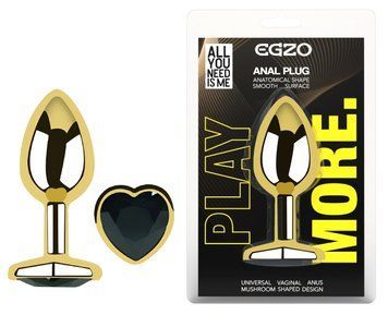 Анальная пробка с кристаллом EGZO - Gold Heart Plug Black size S, Золотой