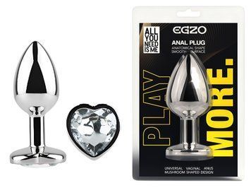 Анальная пробка с кристаллом EGZO - Silver Heart Plug Clear size M, Серебристый