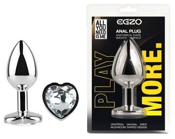Анальная пробка с кристаллом EGZO - Silver Heart Plug Clear size S, Серебристый