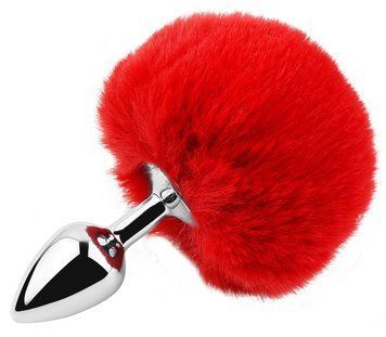 Анальная пробка с хвостом EGZO - Bunny Tail Silver Plug Red, size S, Красный