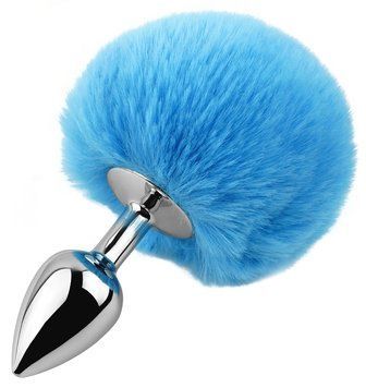 Анальная пробка с хвостом EGZO - Bunny Tail Silver Plug Blue, size S, Голубой