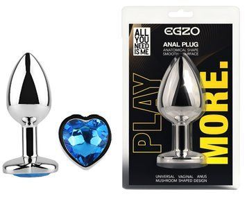 Анальная пробка с кристаллом EGZO - Silver Heart Plug Blue size S, Серебристый