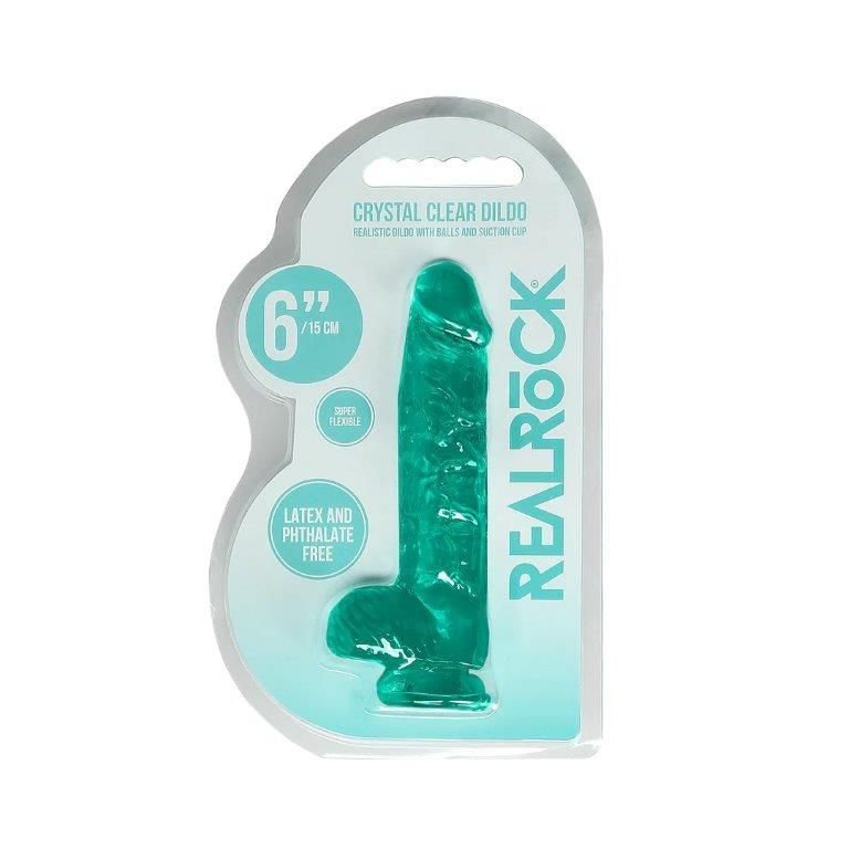 Фалоімітатор Realrock Crystal Clear Dildo Realistic 6, бірюзовий, Бирюзовый