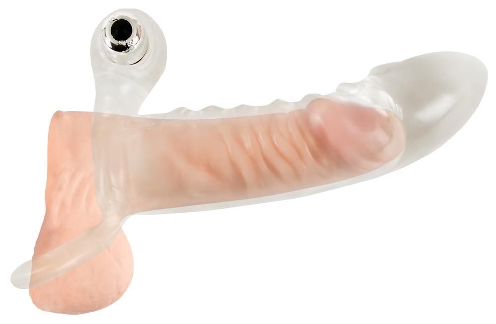 Насадка на пеніс з вібрацією та кільцем для мошонки Crystal Clear Vibrating Sleeve With Ball Ring