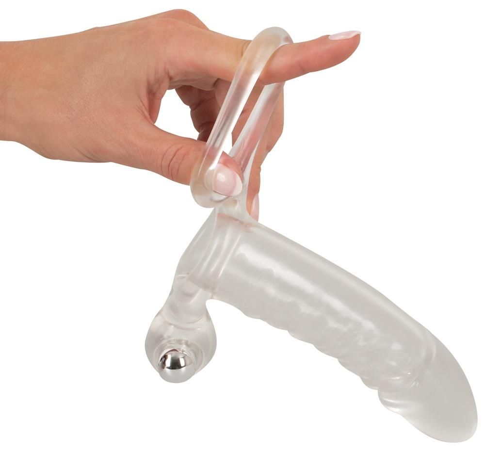 Насадка на пенис с вибрацией и кольцом для мошонки Crystal Clear Vibrating Sleeve With Ball Ring