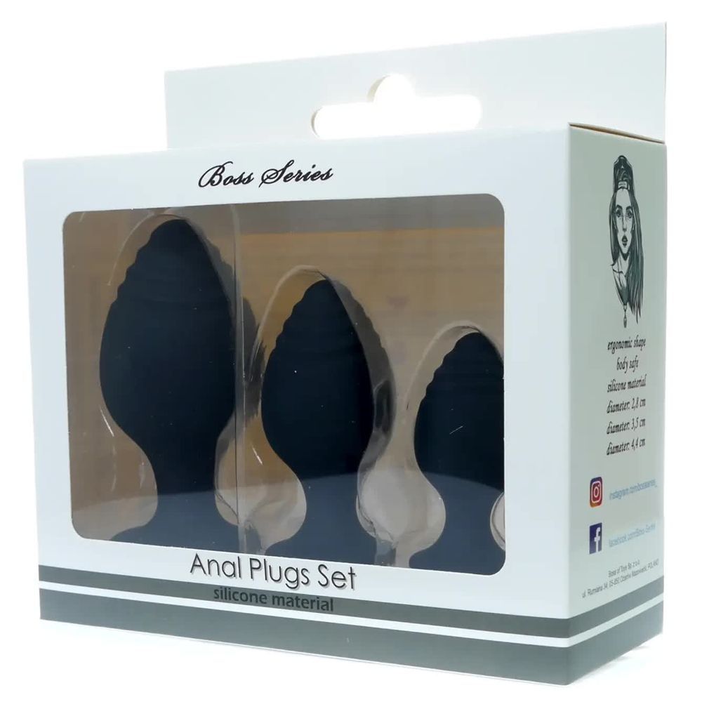 Набор анальных стимуляторов Boss Series - Silicone Anal Plugs Set (2,8 / 3,5 / 4,4 cm), Черный