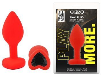 Силиконовая анальная пробка EGZO - Silicone Red Heart Plug Black, size S, Красный