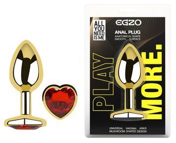 Анальная пробка с кристаллом EGZO - Gold Heart Plug Red size S, Золотой