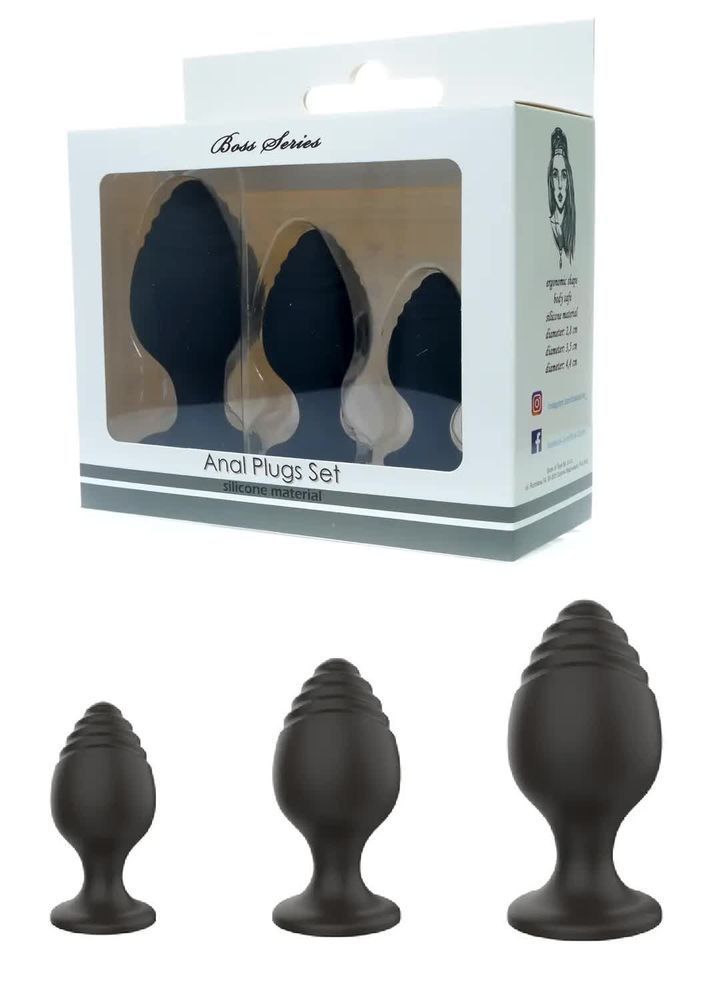 Набор анальных стимуляторов Boss Series - Silicone Anal Plugs Set (2,8 / 3,5 / 4,4 cm), Черный