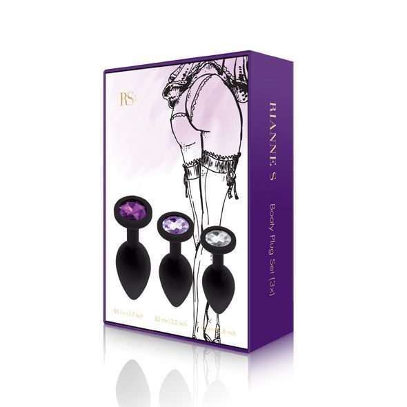 Набор анальных пробок с кристаллом Rianne S: Booty Plug Set Black, диаметр 2,7см, 3,5см, 4,1см, Черный