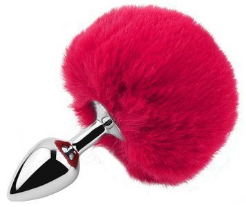 Анальная пробка с хвостом EGZO - Bunny Tail Silver Plug Crimson, size S, Малиновый
